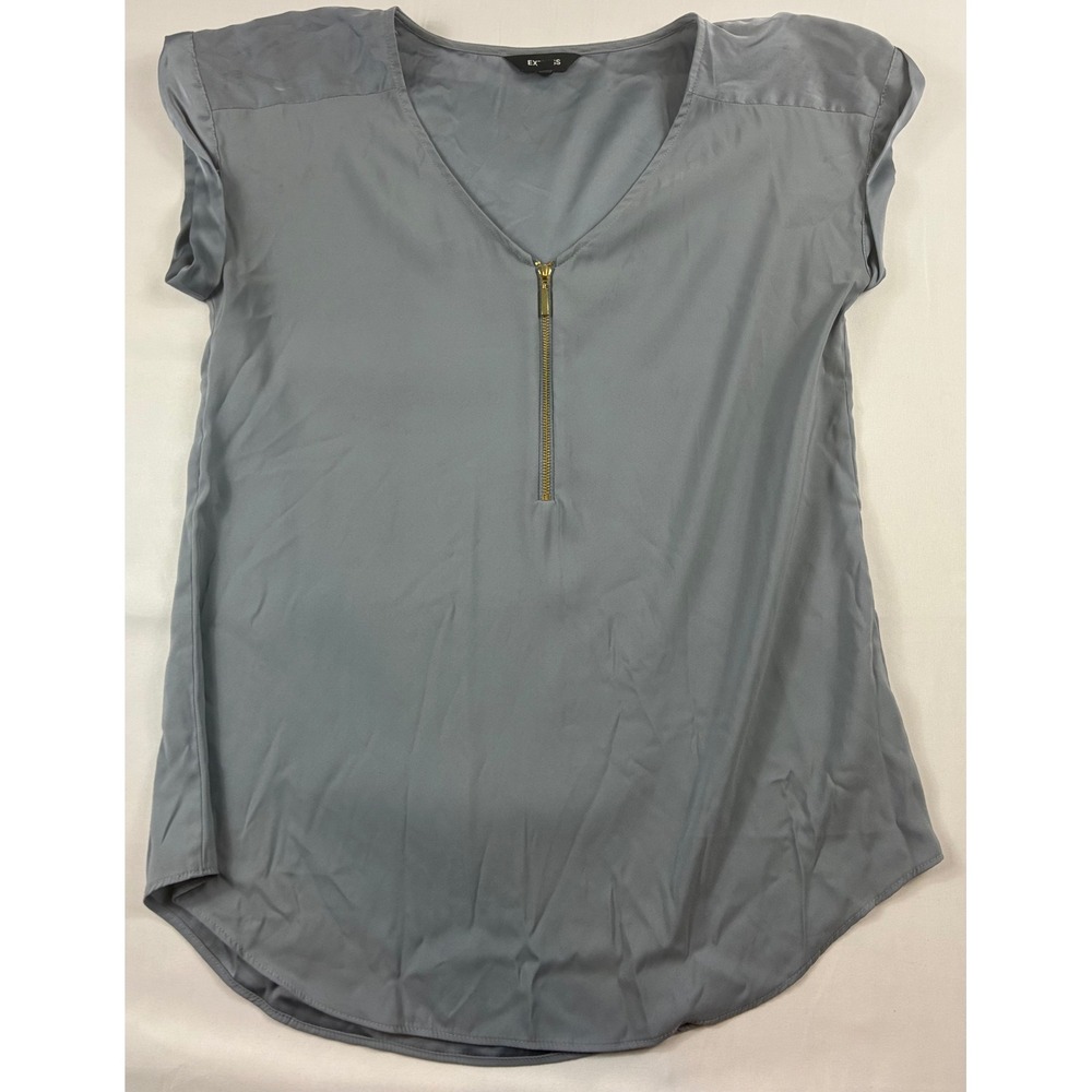 Express Blouse Women Medium Blue Gray V-Neck Zip Front Short Sleeve Top Used
